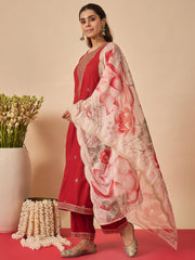 Rust Embroidered Straight Kurta Palazzos With Dupatta Set