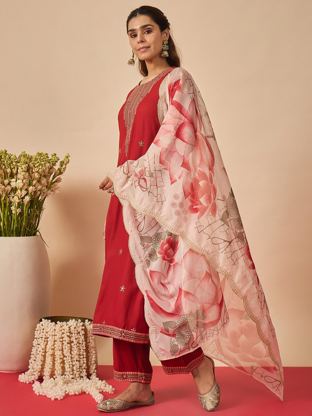 Rust Embroidered Straight Kurta Palazzos With Dupatta Set