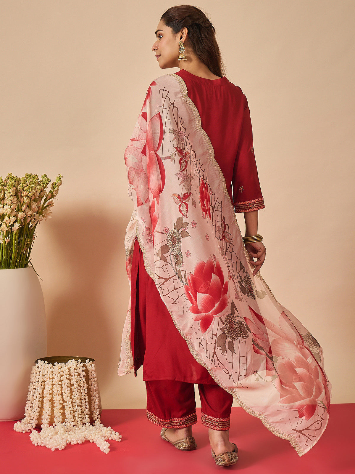 Rust Embroidered Straight Kurta Palazzos With Dupatta Set