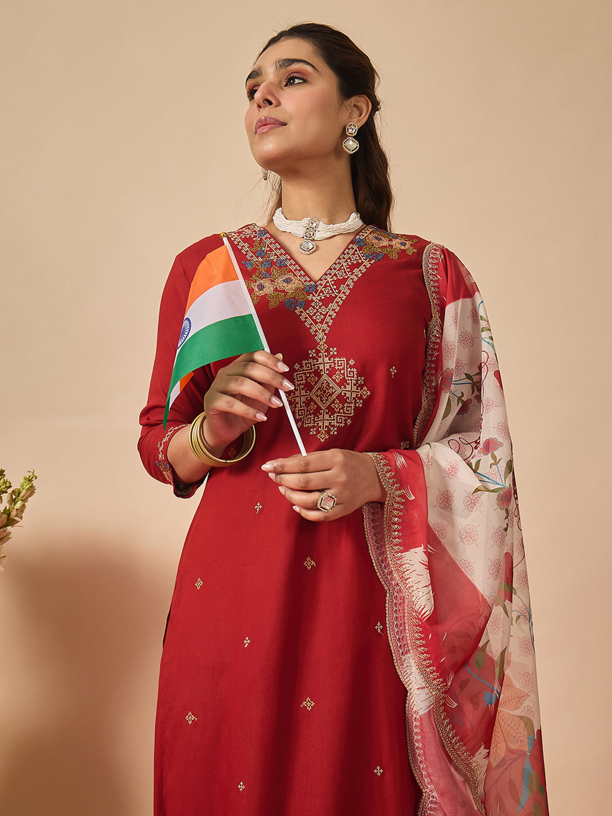 Rust Embroidered Straight Kurta Salwar With Dupatta Set