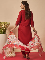 Rust Embroidered Straight Kurta Salwar With Dupatta Set