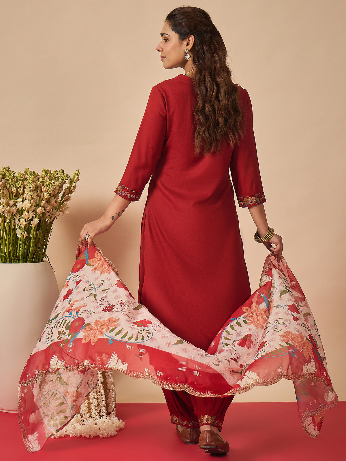 Rust Embroidered Straight Kurta Salwar With Dupatta Set