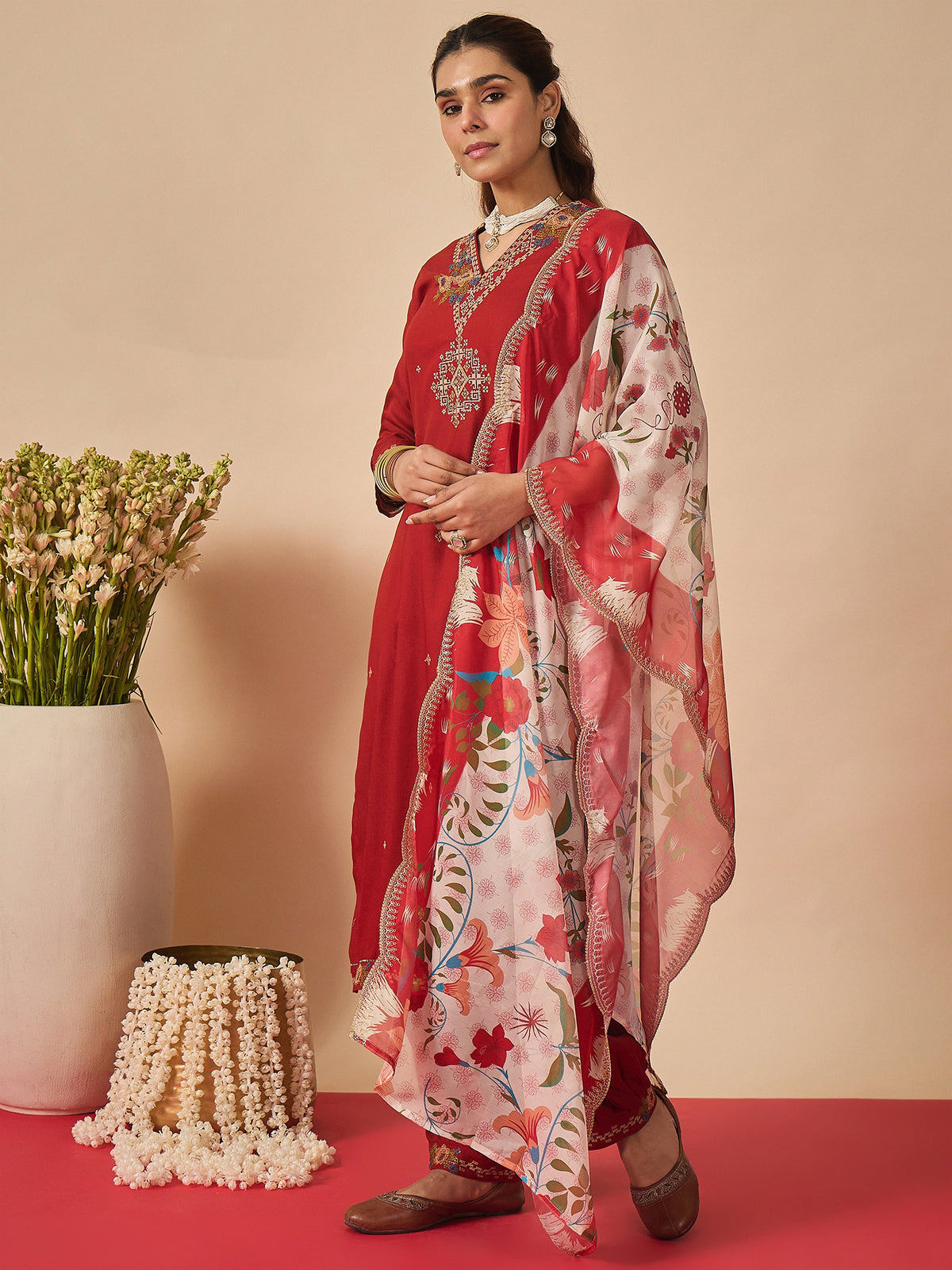 Rust Embroidered Straight Kurta Salwar With Dupatta Set