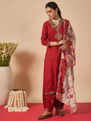 Rust Embroidered Straight Kurta Salwar With Dupatta Set