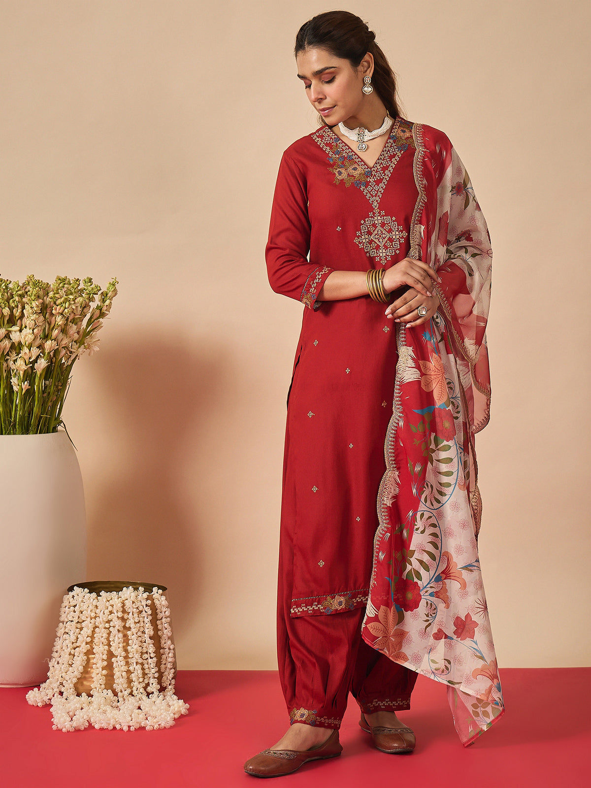Rust Embroidered Straight Kurta Salwar With Dupatta Set