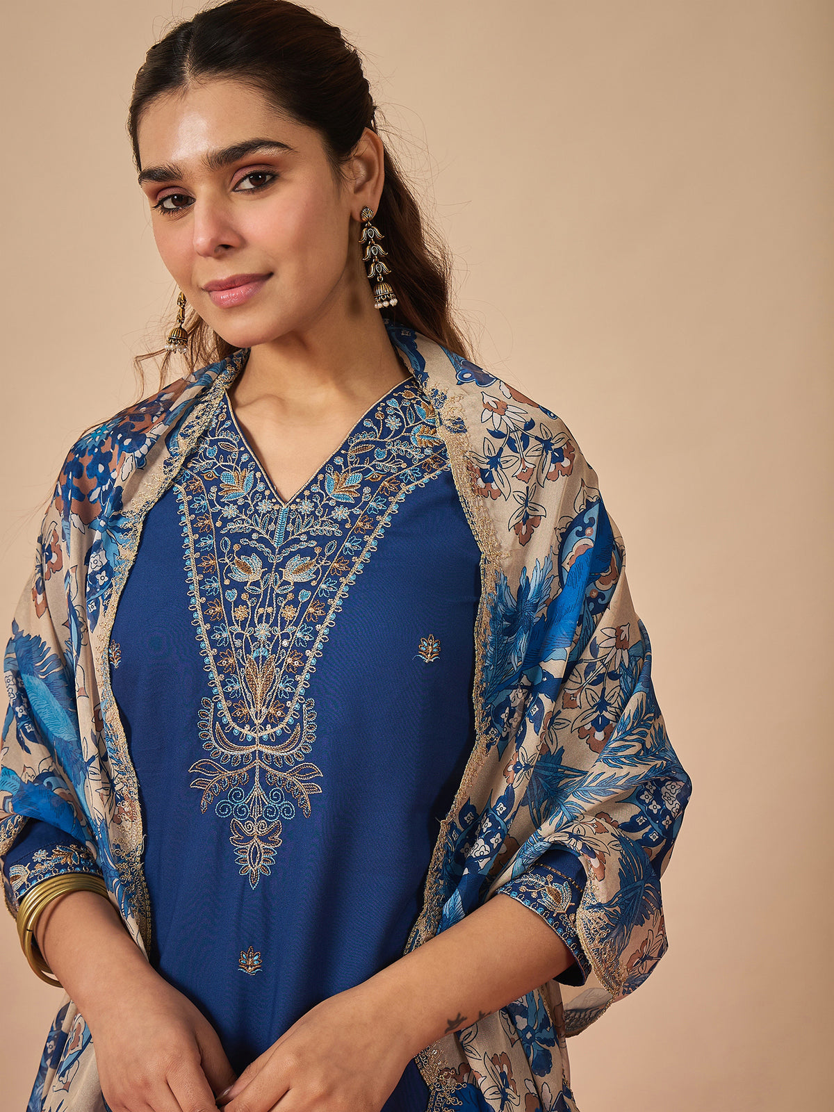 Blue Embroidered Straight Kurta Salwar With Dupatta Set