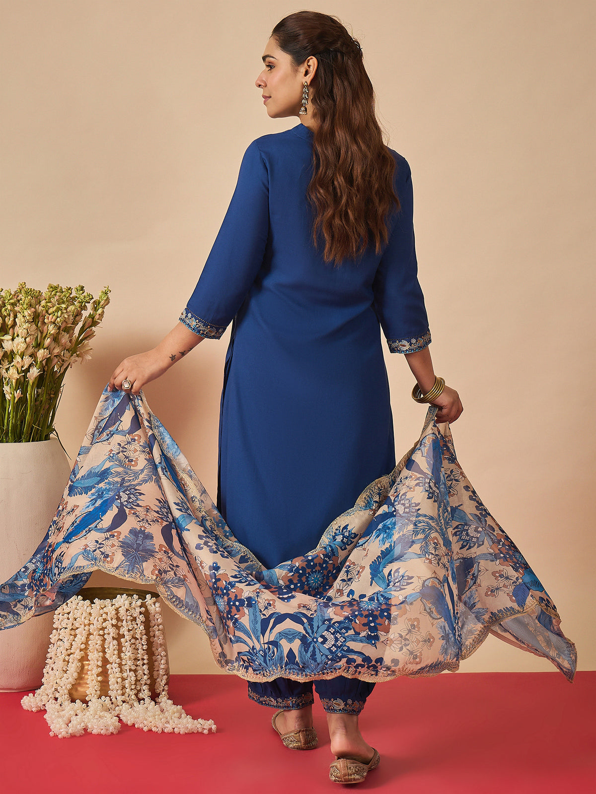 Blue Embroidered Straight Kurta Salwar With Dupatta Set