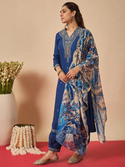 Blue Embroidered Straight Kurta Salwar With Dupatta Set