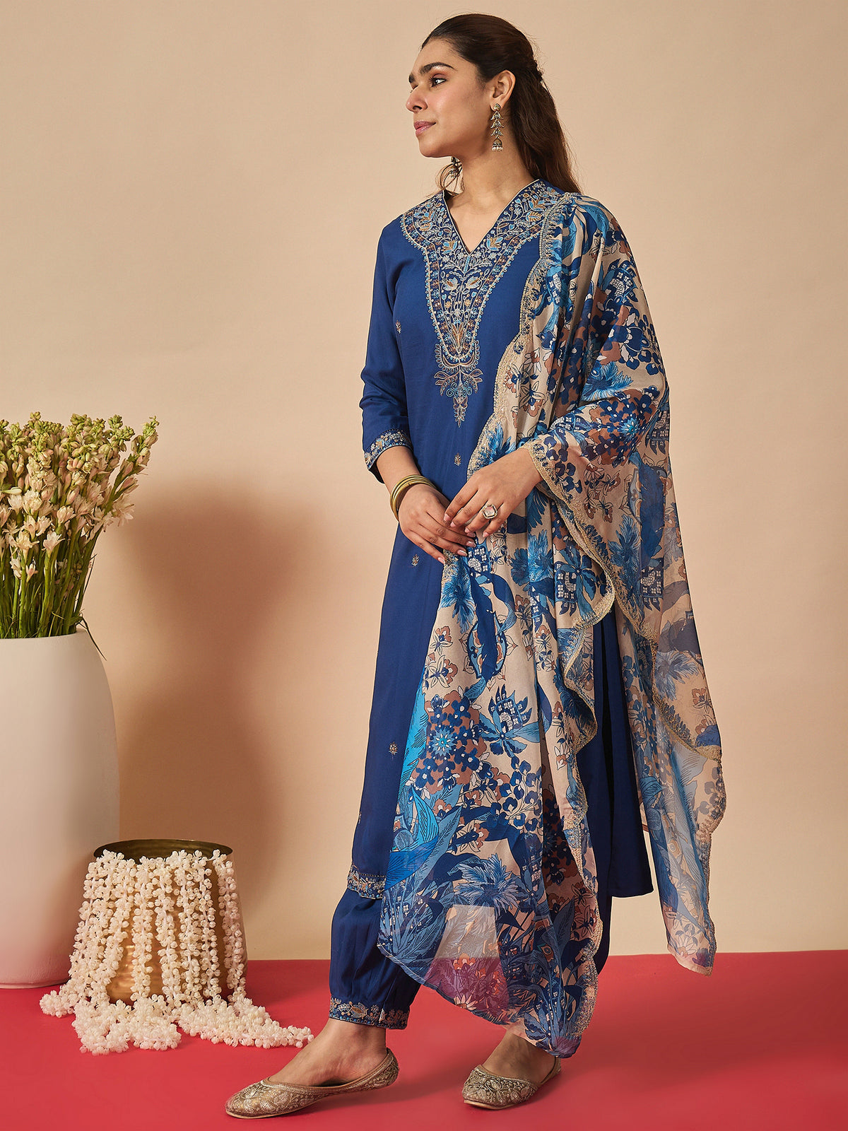 Blue Embroidered Straight Kurta Salwar With Dupatta Set
