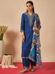 Blue Embroidered Straight Kurta Salwar With Dupatta Set