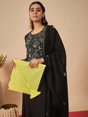 Black Embroidered Straight Kurta Trousers With Dupatta Set