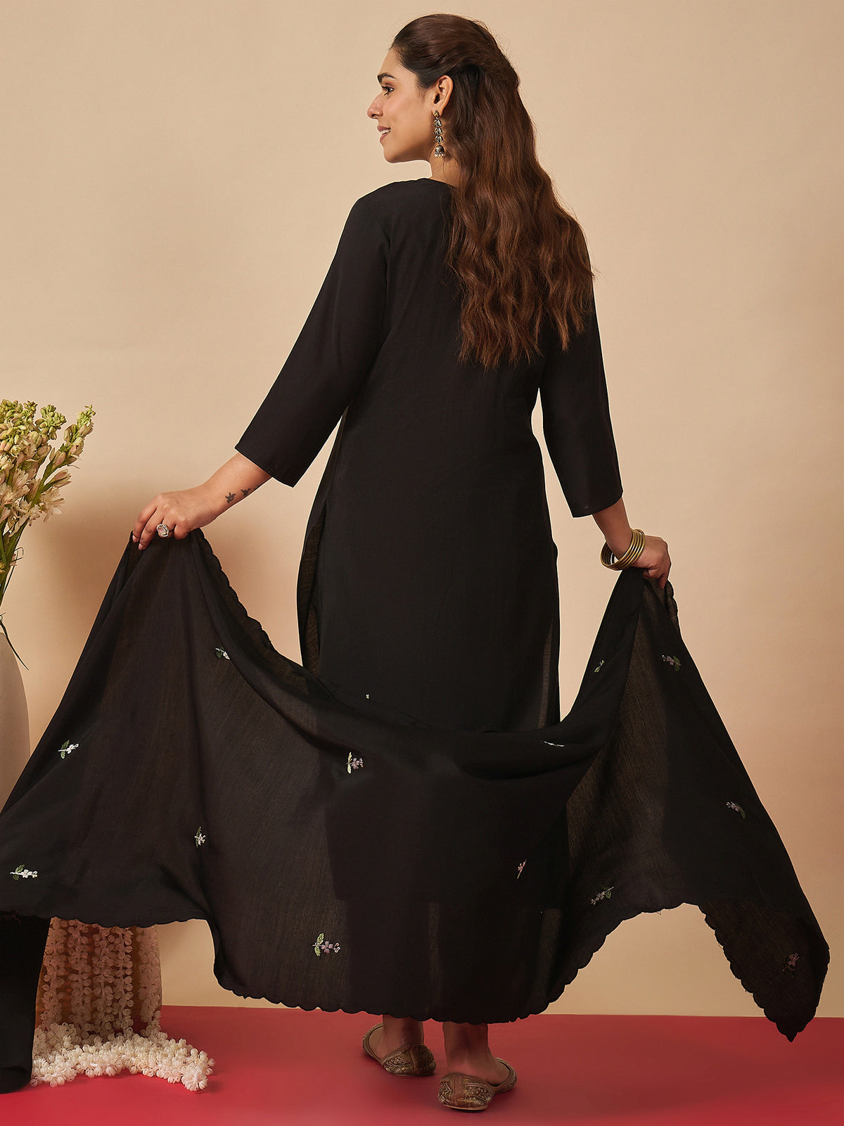 Black Embroidered Straight Kurta Trousers With Dupatta Set