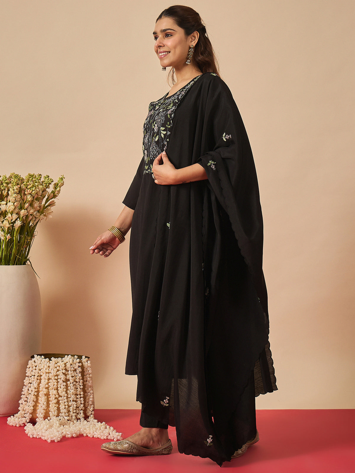 Black Embroidered Straight Kurta Trousers With Dupatta Set