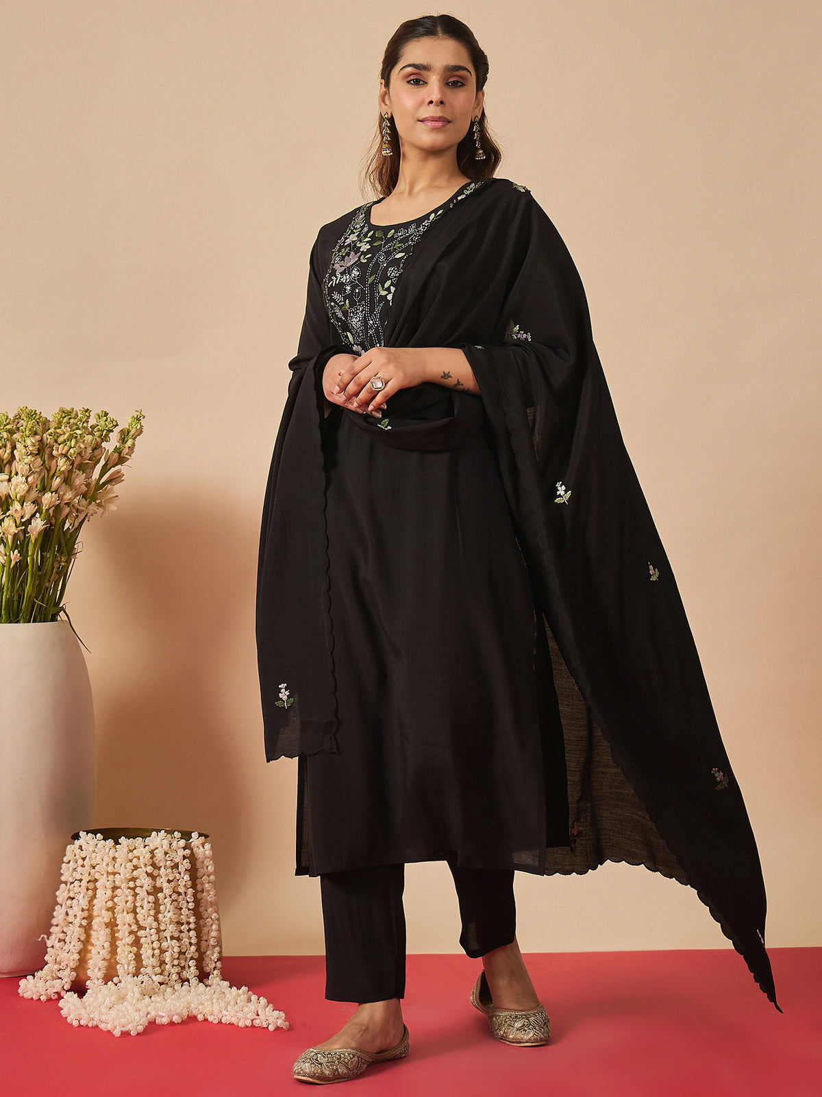 Black Embroidered Straight Kurta Trousers With Dupatta Set