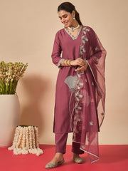 Mauve Embroidered Straight Kurta Trousers With Dupatta Set