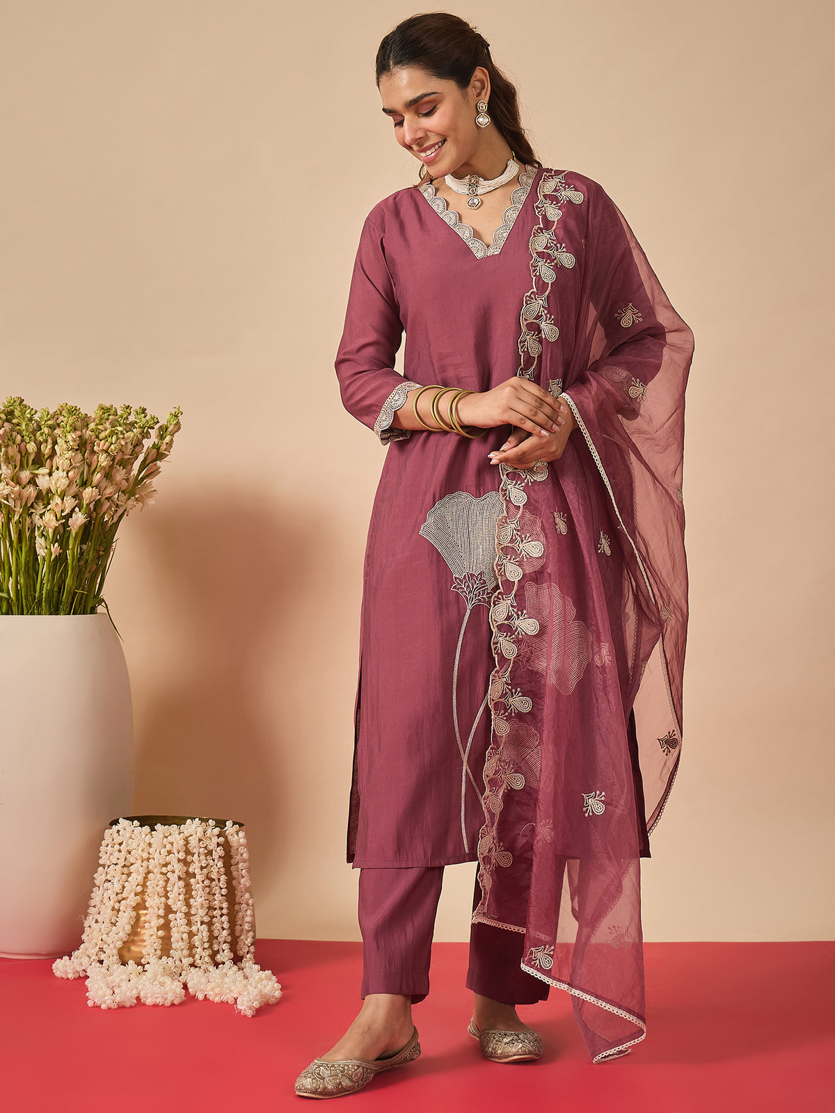 Mauve Embroidered Straight Kurta Trousers With Dupatta Set