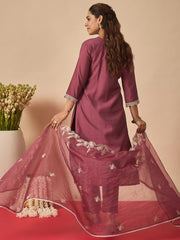 Mauve Embroidered Straight Kurta Trousers With Dupatta Set