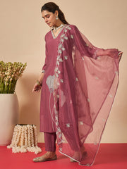 Mauve Embroidered Straight Kurta Trousers With Dupatta Set