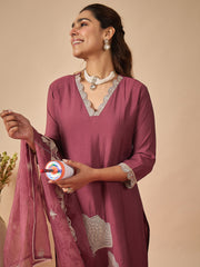 Mauve Embroidered Straight Kurta Trousers With Dupatta Set