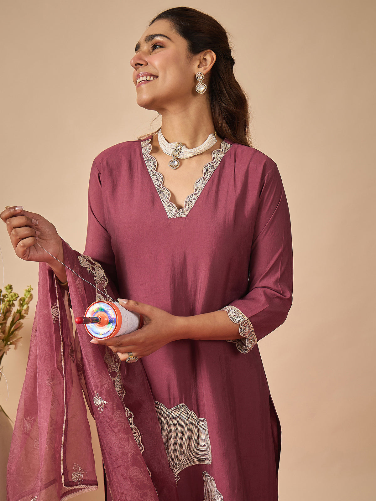 Mauve Embroidered Straight Kurta Trousers With Dupatta Set