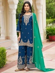 Navy Blue Embroidered Straight Kurta Palazzos With Dupatta Set