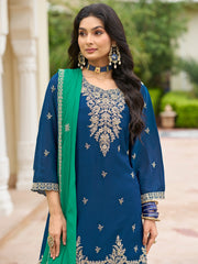 Navy Blue Embroidered Straight Kurta Palazzos With Dupatta Set