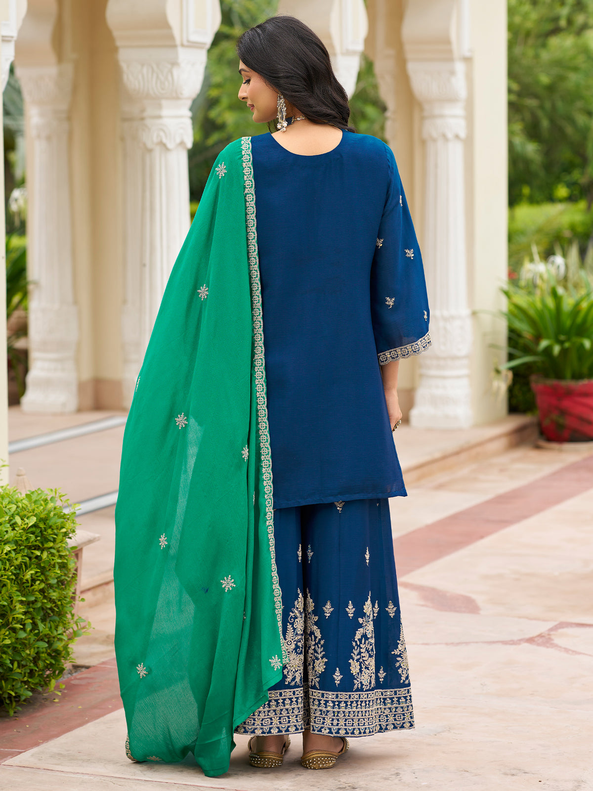Navy Blue Embroidered Straight Kurta Palazzos With Dupatta Set