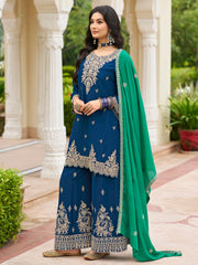Navy Blue Embroidered Straight Kurta Palazzos With Dupatta Set