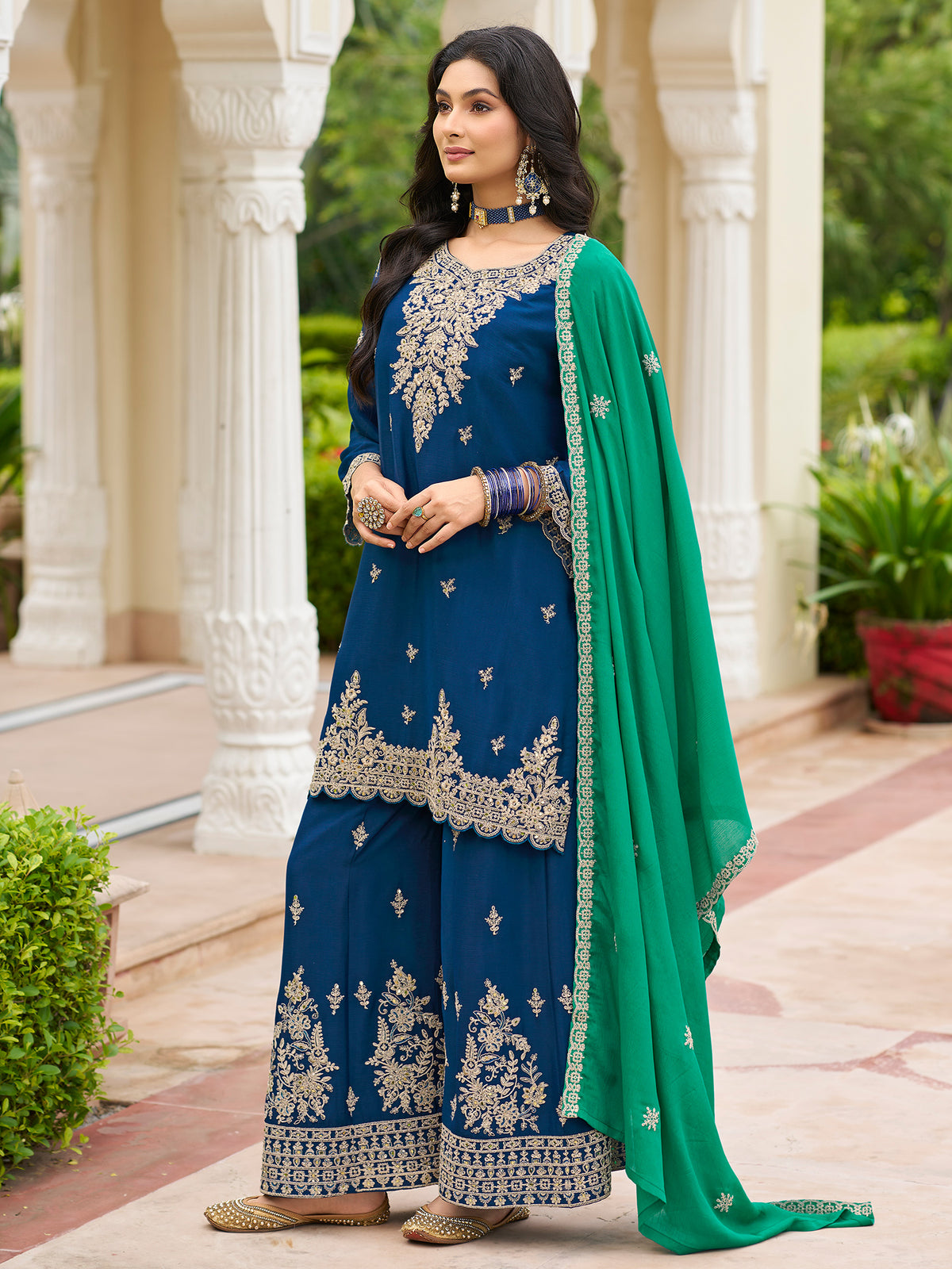 Navy Blue Embroidered Straight Kurta Palazzos With Dupatta Set