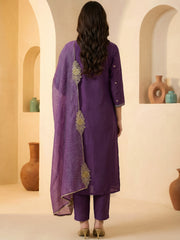 Purple Embroidered Straight Kurta Trousers With Dupatta Set