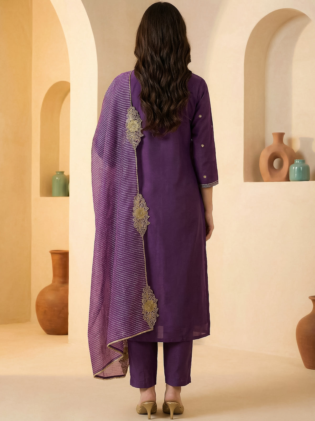 Purple Embroidered Straight Kurta Trousers With Dupatta Set