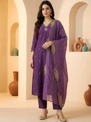 Purple Embroidered Straight Kurta Trousers With Dupatta Set