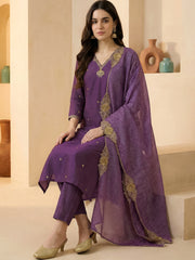 Purple Embroidered Straight Kurta Trousers With Dupatta Set