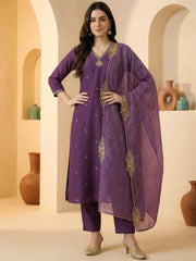 Purple Embroidered Straight Kurta Trousers With Dupatta Set