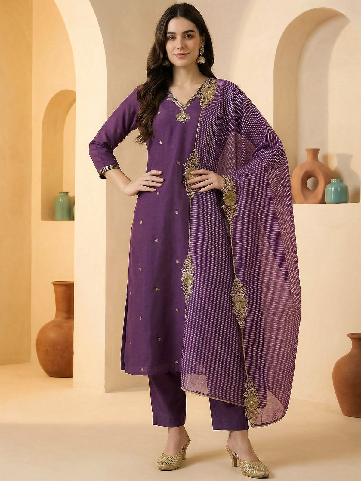 Purple Embroidered Straight Kurta Trousers With Dupatta Set