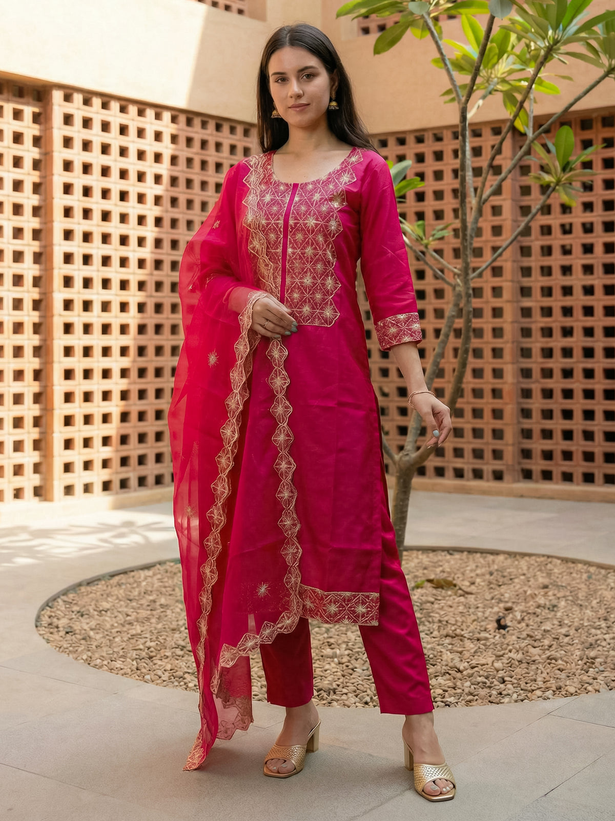Pink Embroidered Straight Kurta Trousers With Dupatta Set