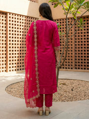 Pink Embroidered Straight Kurta Trousers With Dupatta Set