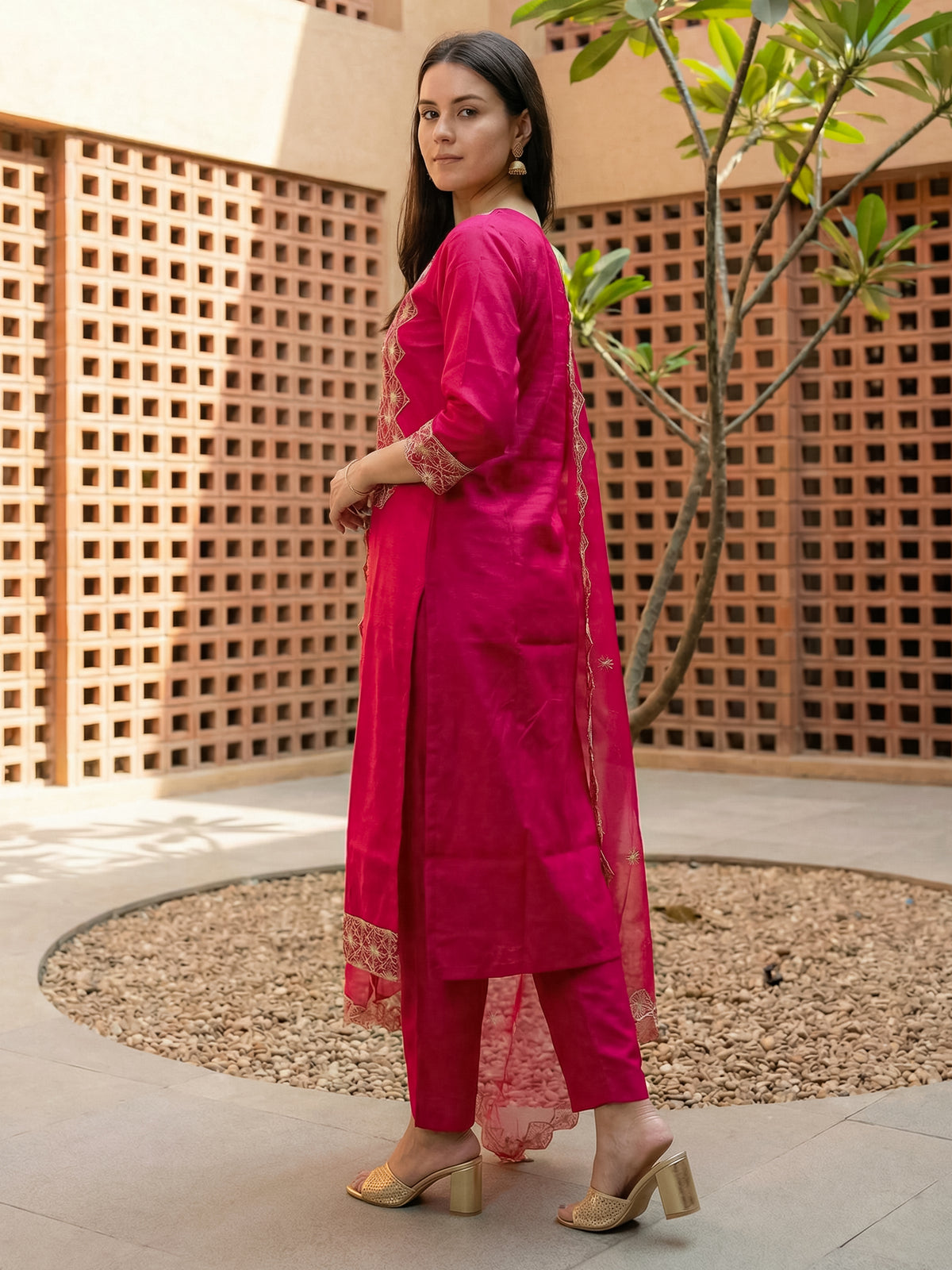 Pink Embroidered Straight Kurta Trousers With Dupatta Set