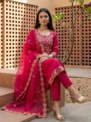 Pink Embroidered Straight Kurta Trousers With Dupatta Set