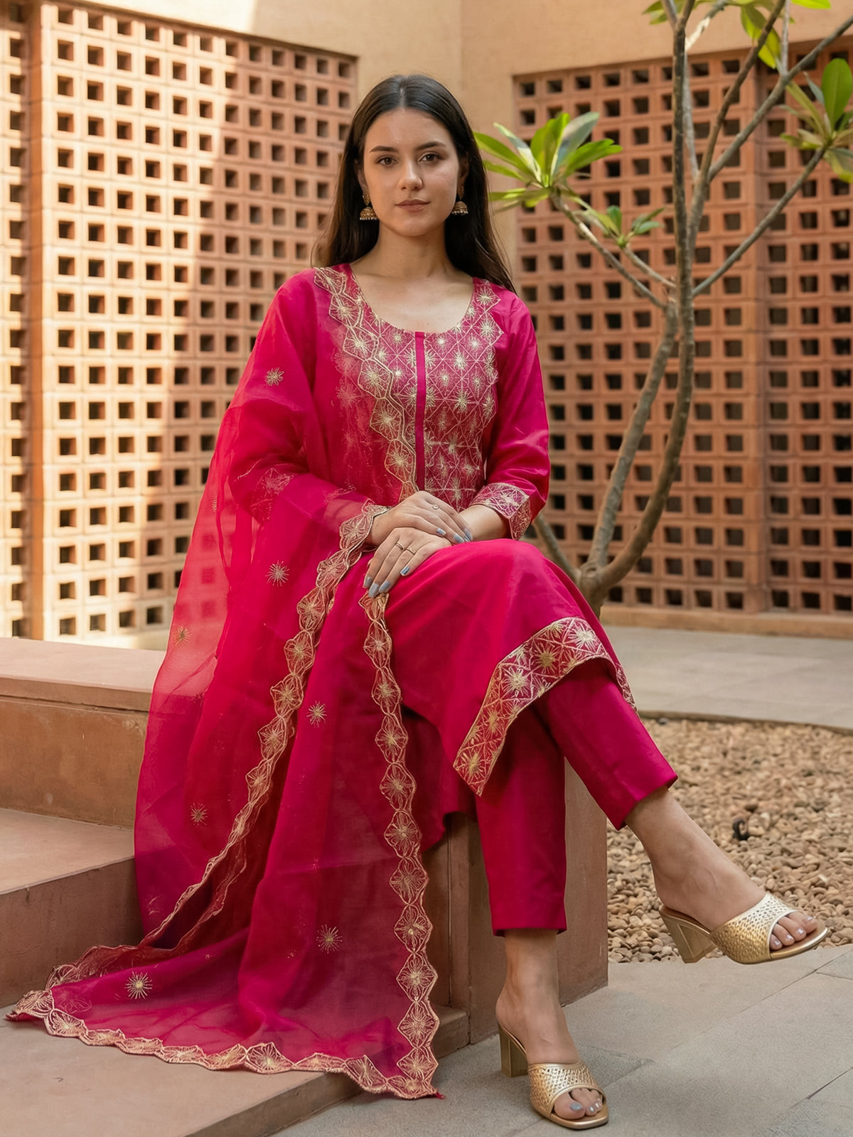 Pink Embroidered Straight Kurta Trousers With Dupatta Set