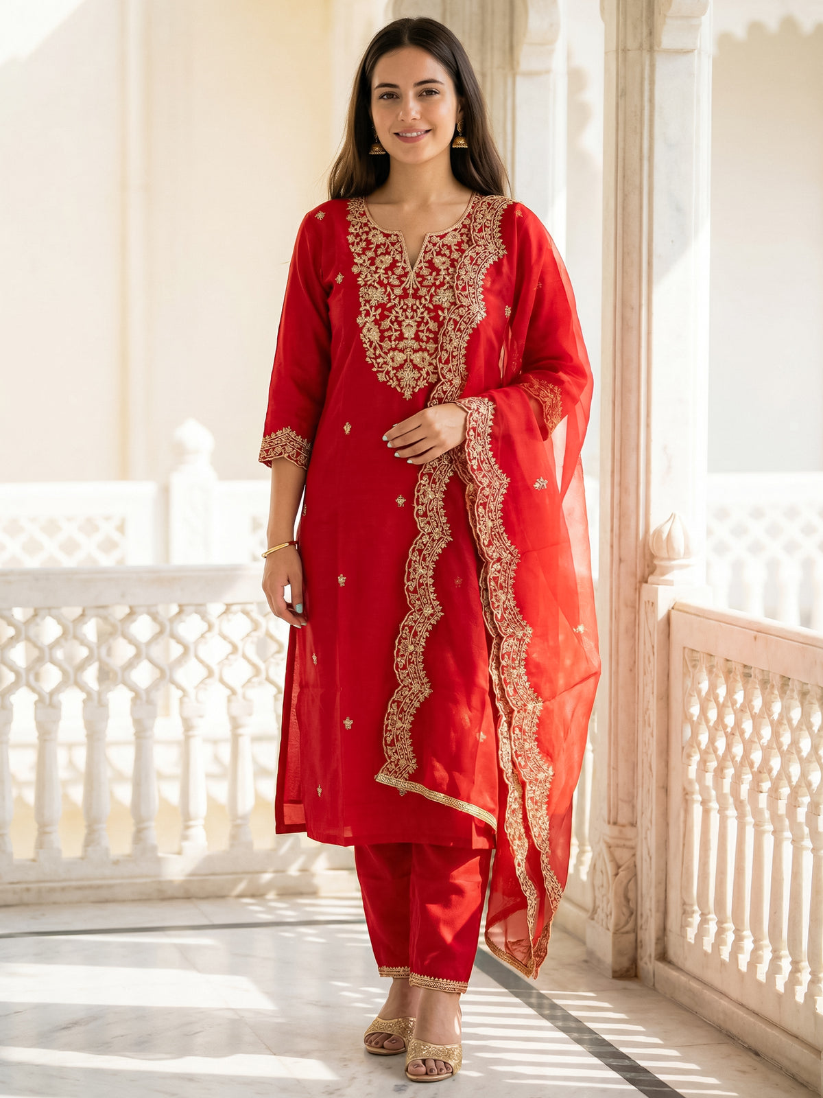 Red Embroidered Straight Kurta Trousers With Dupatta Set