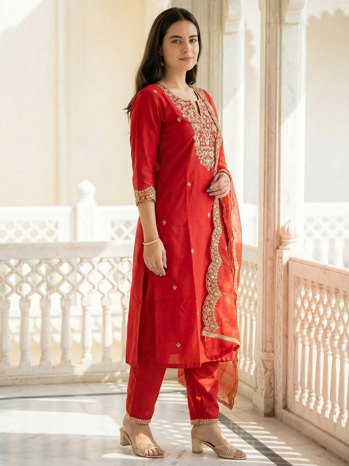 Red Embroidered Straight Kurta Trousers With Dupatta Set