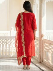 Red Embroidered Straight Kurta Trousers With Dupatta Set