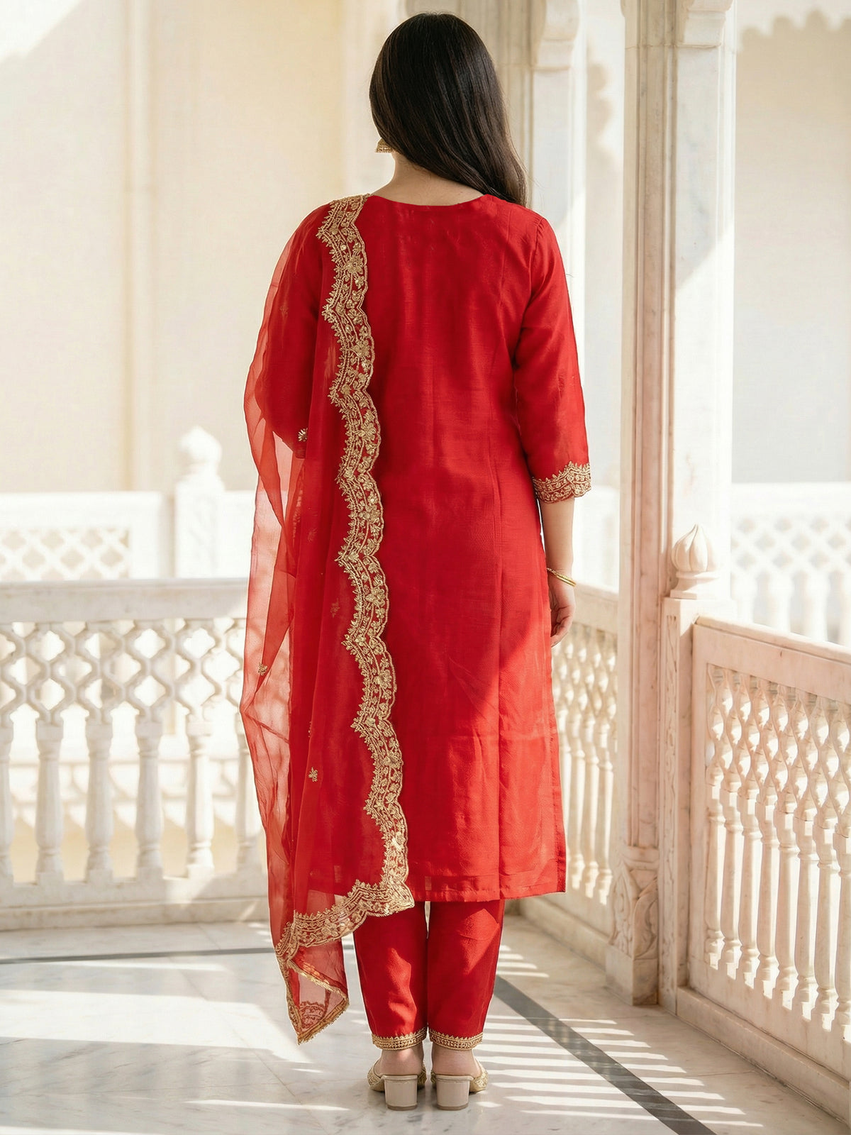 Red Embroidered Straight Kurta Trousers With Dupatta Set