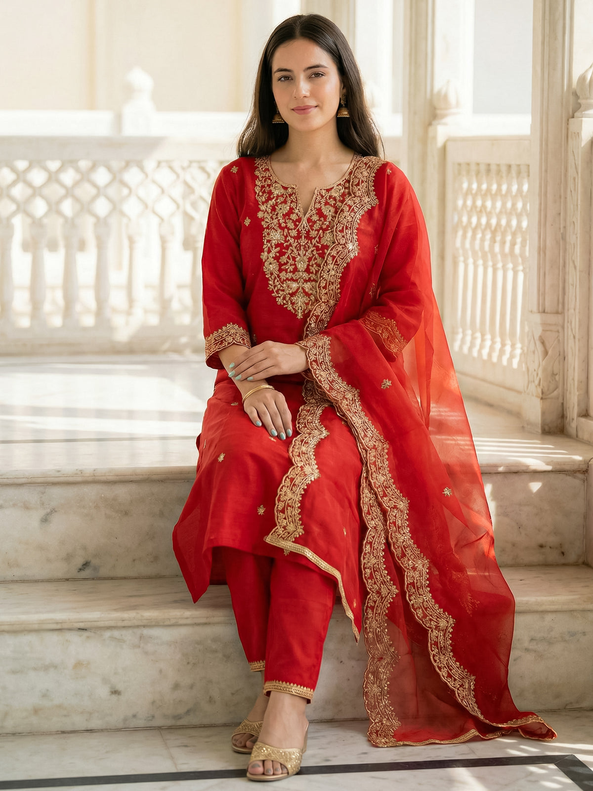 Red Embroidered Straight Kurta Trousers With Dupatta Set