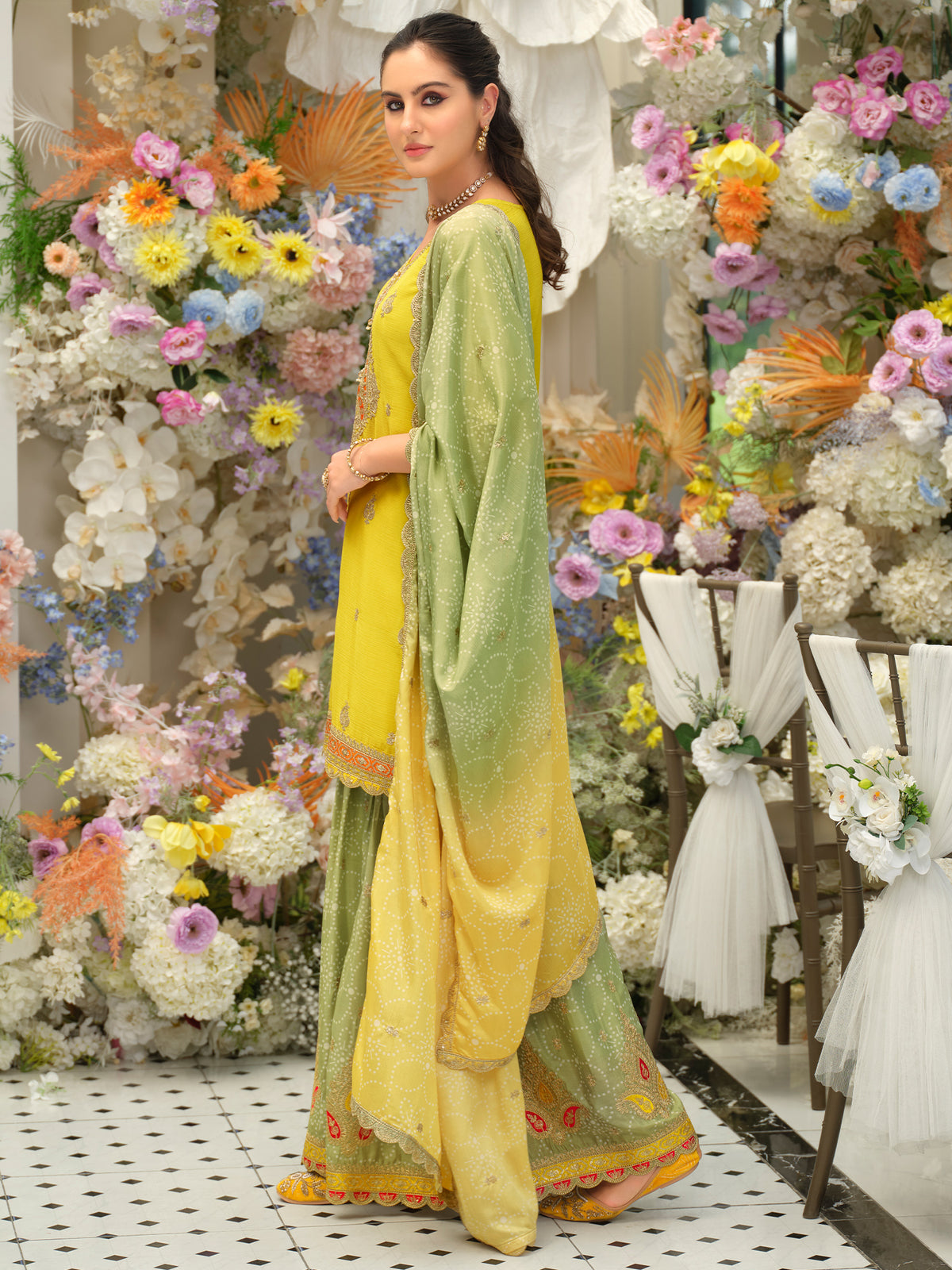 Yellow Embroidered Straight Kurta Sharara With Dupatta Set