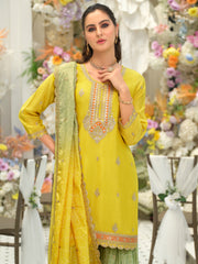 Yellow Embroidered Straight Kurta Sharara With Dupatta Set