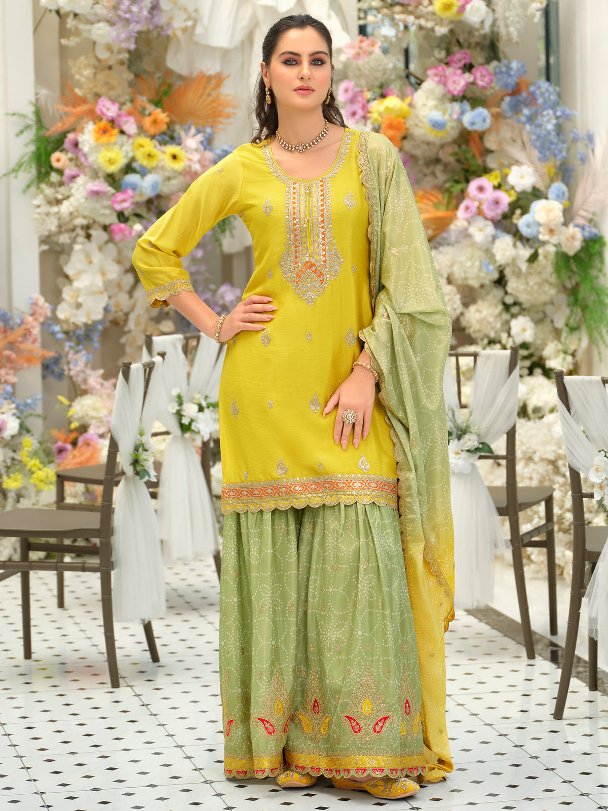 Yellow Embroidered Straight Kurta Sharara With Dupatta Set