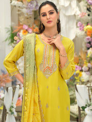 Yellow Embroidered Straight Kurta Sharara With Dupatta Set