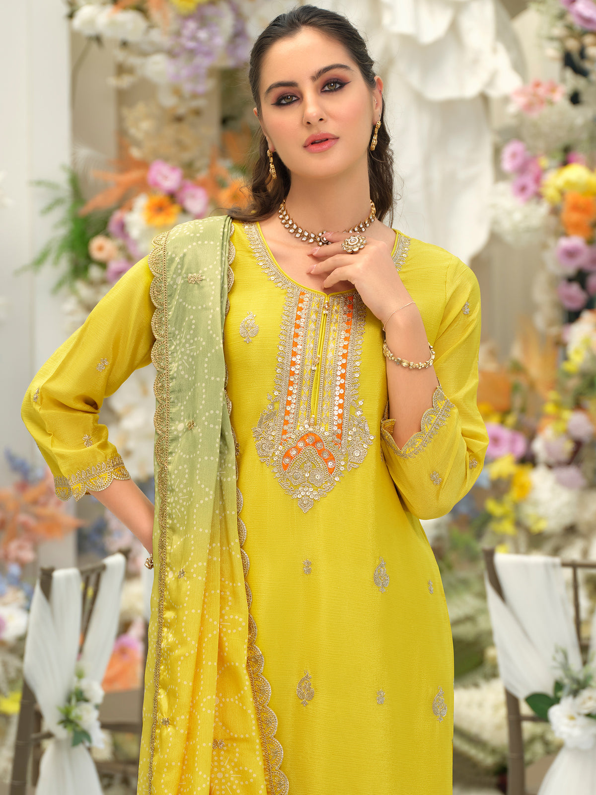 Yellow Embroidered Straight Kurta Sharara With Dupatta Set